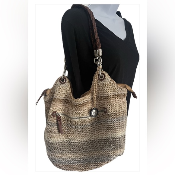 The SAK Indio Leather & Crochet Braided Handle Hand Bag Cream Tan - Picture 1 of 16
